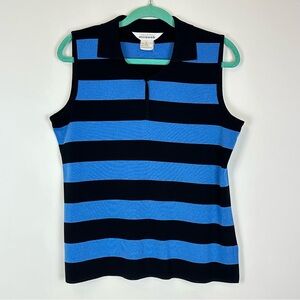 Exclusively Misook Black Blue Collared Striped Sleeveless Size L Womens Top